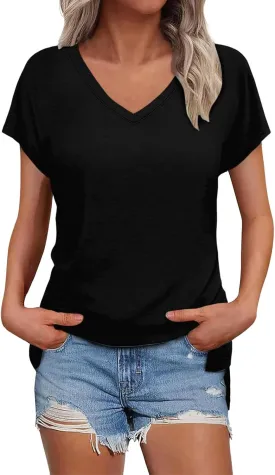 2025 Womens Basic Summer Casual Tops Loose Fit V Neck Short Sleeve Dressy T Shirts Business Workout Solid Boho Blouses