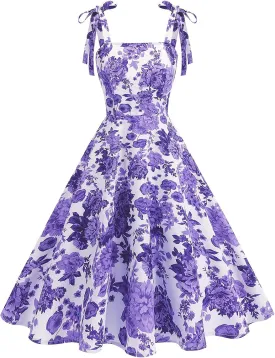 50s Dresses for Women 1950s Vintage Floral Cocktail Swing Dress Retro Tie Straps Backless Rockabilly Prom Tea Party Dresses