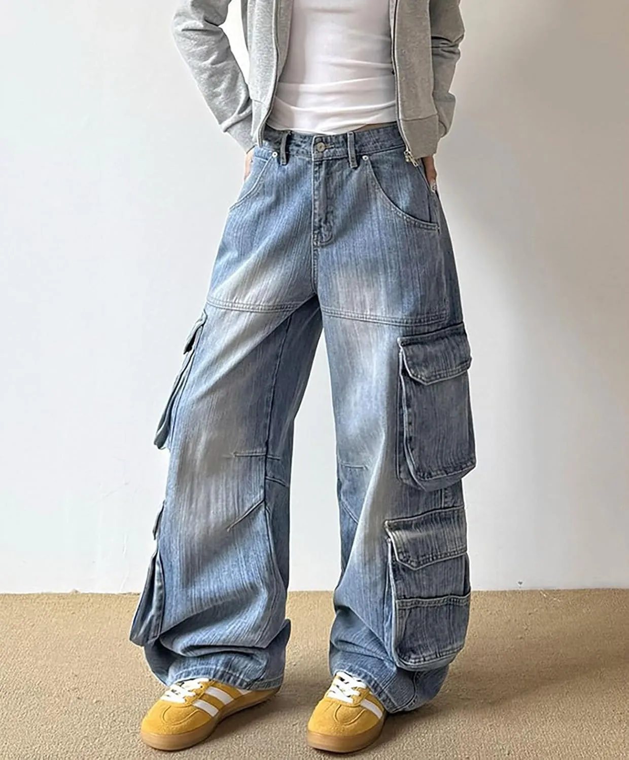 Baggy Cargo Pants for Women Girls Wide Leg Jeans Y2k Hip Hop Streetwear Low Rise Oversized Jeans Grunge Clothes Blue