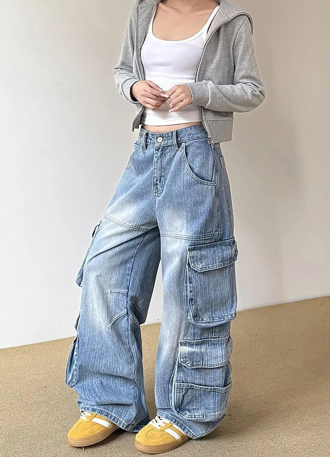 Baggy Cargo Pants for Women Girls Wide Leg Jeans Y2k Hip Hop Streetwear Low Rise Oversized Jeans Grunge Clothes Blue