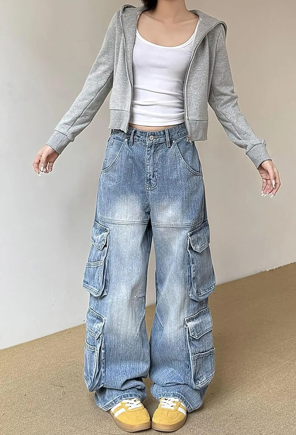 Baggy Cargo Pants for Women Girls Wide Leg Jeans Y2k Hip Hop Streetwear Low Rise Oversized Jeans Grunge Clothes Blue