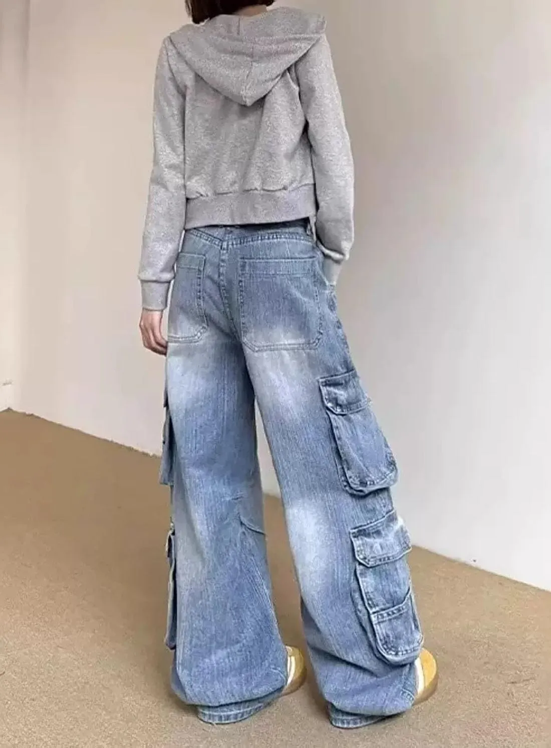 Baggy Cargo Pants for Women Girls Wide Leg Jeans Y2k Hip Hop Streetwear Low Rise Oversized Jeans Grunge Clothes Blue