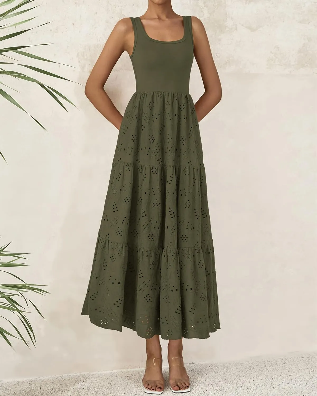 BTFBM Women Summer Eyelet Midi Dresses Casual Spring 2025 Sleeveless A Line Flowy Vacation Beach Wedding Guest Sun Dress