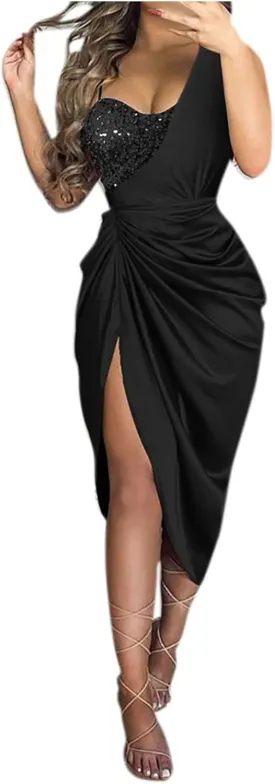 Cocktail Dresses for Women,2025 Elegant Bodycon One/Off Shoulder Wedding Guest Dress Ruched Slit Hem Party Dress