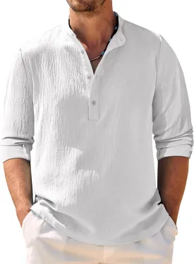 COOFANDY Men's Casual Henley Shirt Band Collar Long Sleeve Shirt Beach Hippie Summer Button T Shirt