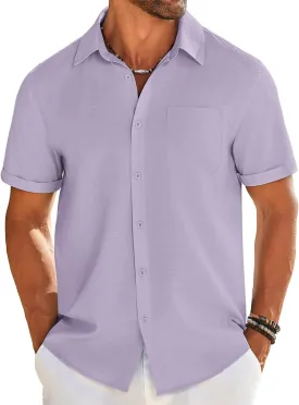 COOFANDY Mens Casual Linen Shirt Short Sleeve Button Down Shirt Summer Beach Shirts with Pocket