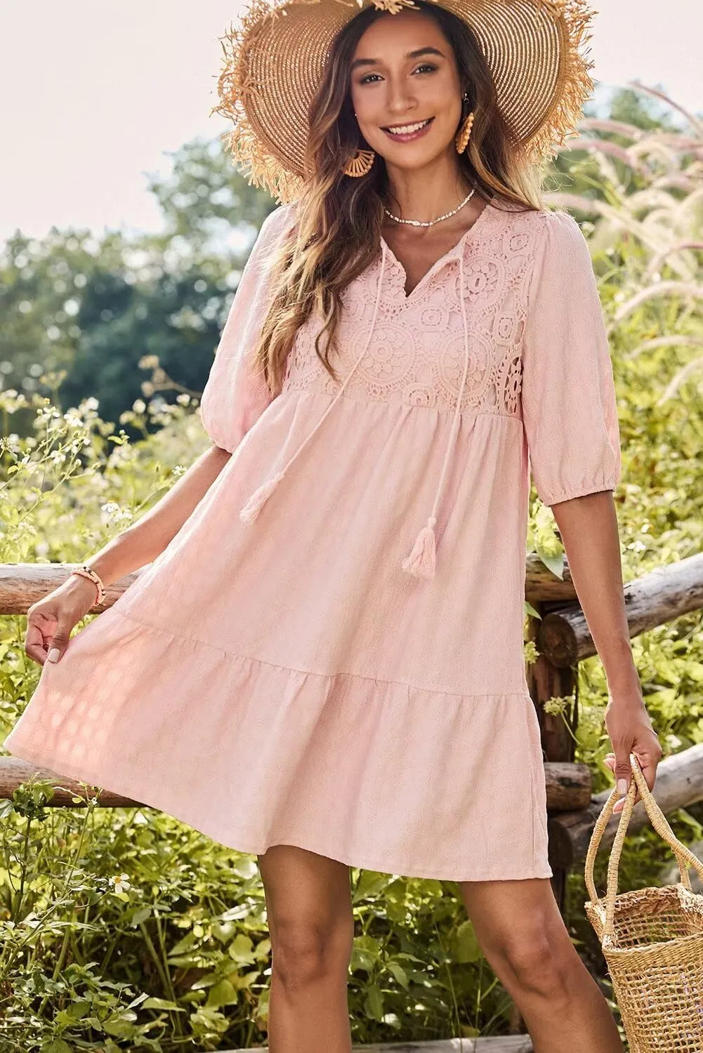 Dokotoo Womens Dresses Summer V Neck Drawstring Embroidered Half Sleeve Mini Dress Boho Dresses for Women 2025 Sundresses
