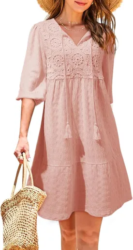 Dokotoo Womens Dresses Summer V Neck Drawstring Embroidered Half Sleeve Mini Dress Boho Dresses for Women 2025 Sundresses