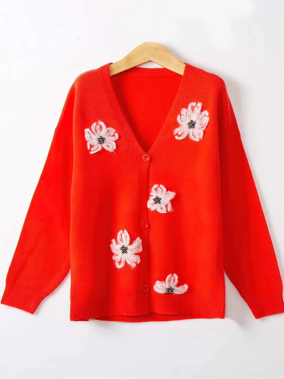 ebossy Women's Embroidery Floral Cable Knit Cardigans Button Down Artistic Aesthetic Sweater