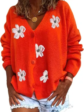 ebossy Women's Embroidery Floral Cable Knit Cardigans Button Down Artistic Aesthetic Sweater