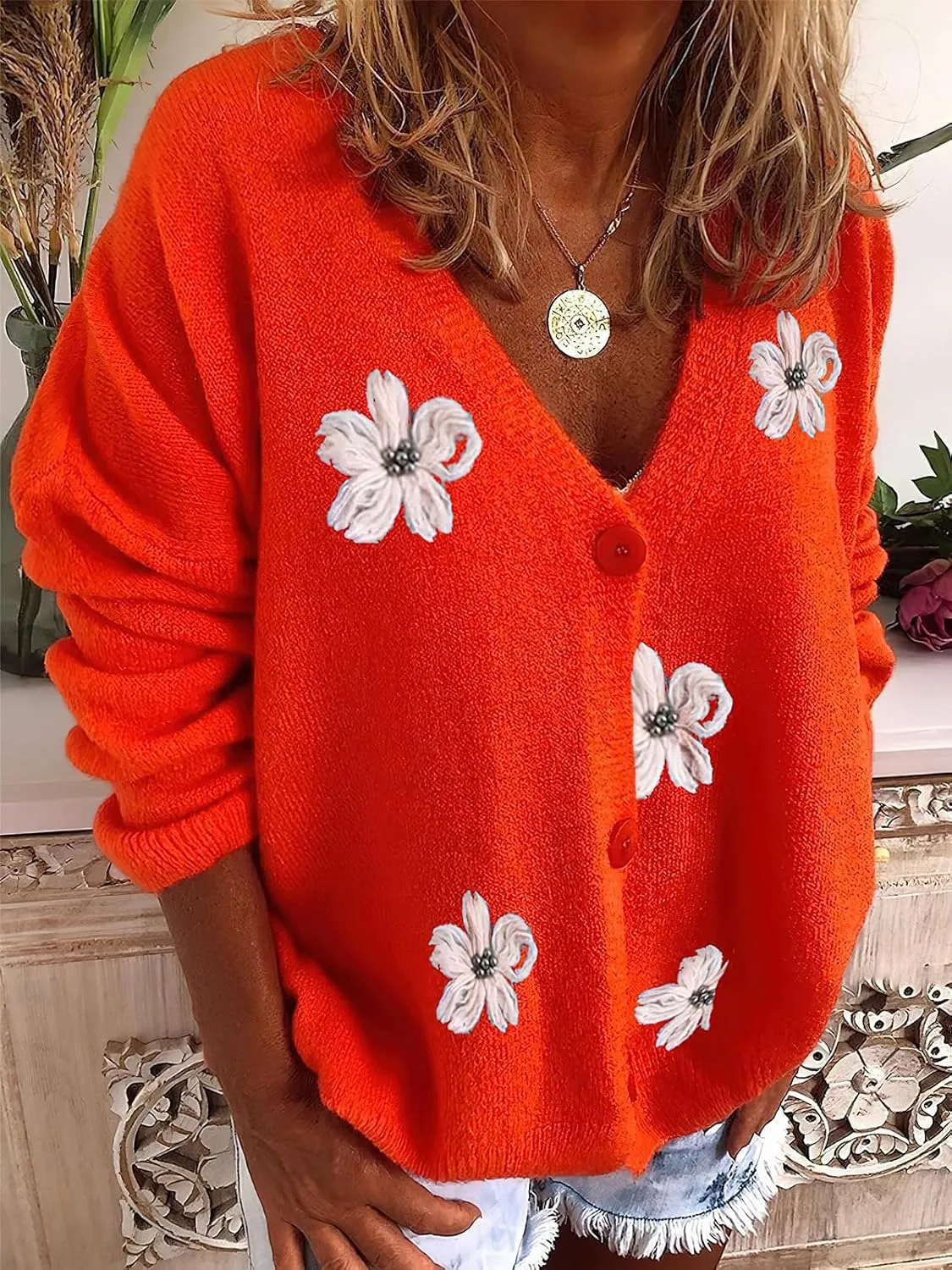 ebossy Women's Embroidery Floral Cable Knit Cardigans Button Down Artistic Aesthetic Sweater
