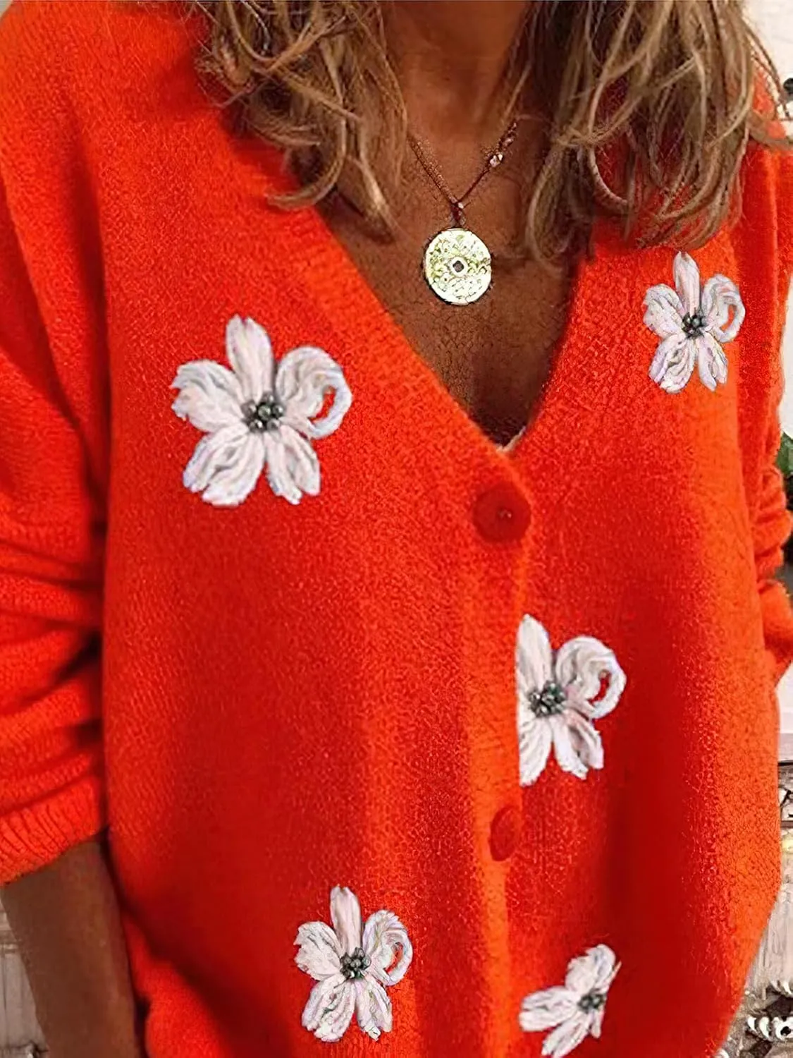 ebossy Women's Embroidery Floral Cable Knit Cardigans Button Down Artistic Aesthetic Sweater