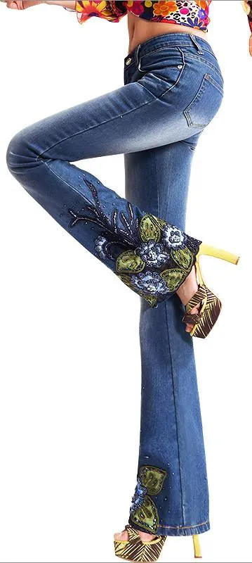 Embellished Faded Flared Jeans