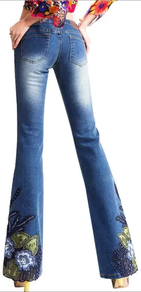 Embellished Faded Flared Jeans