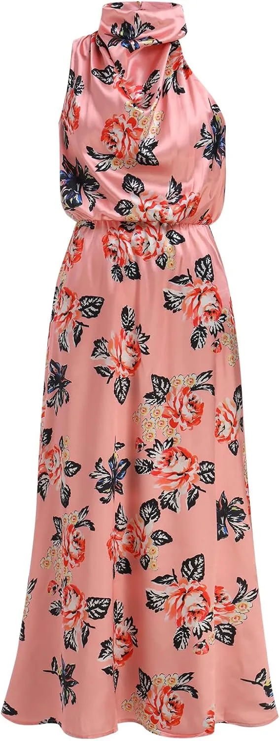 IDOPIP Women Formal Halter Satin Dress Floral Elegant Summer Bridesmaid Midi Dress Evening Party Cocktail Wedding Guest Dress