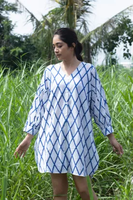 Indigo Chex Hand Block Print Shirt Dress for Women