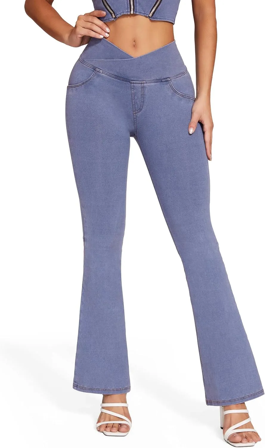 KIWI RATA Flare Jeans for Women, Tummy Control High Waisted Stretchy Pants, Trendy Crossover Bell Bottom Jeans