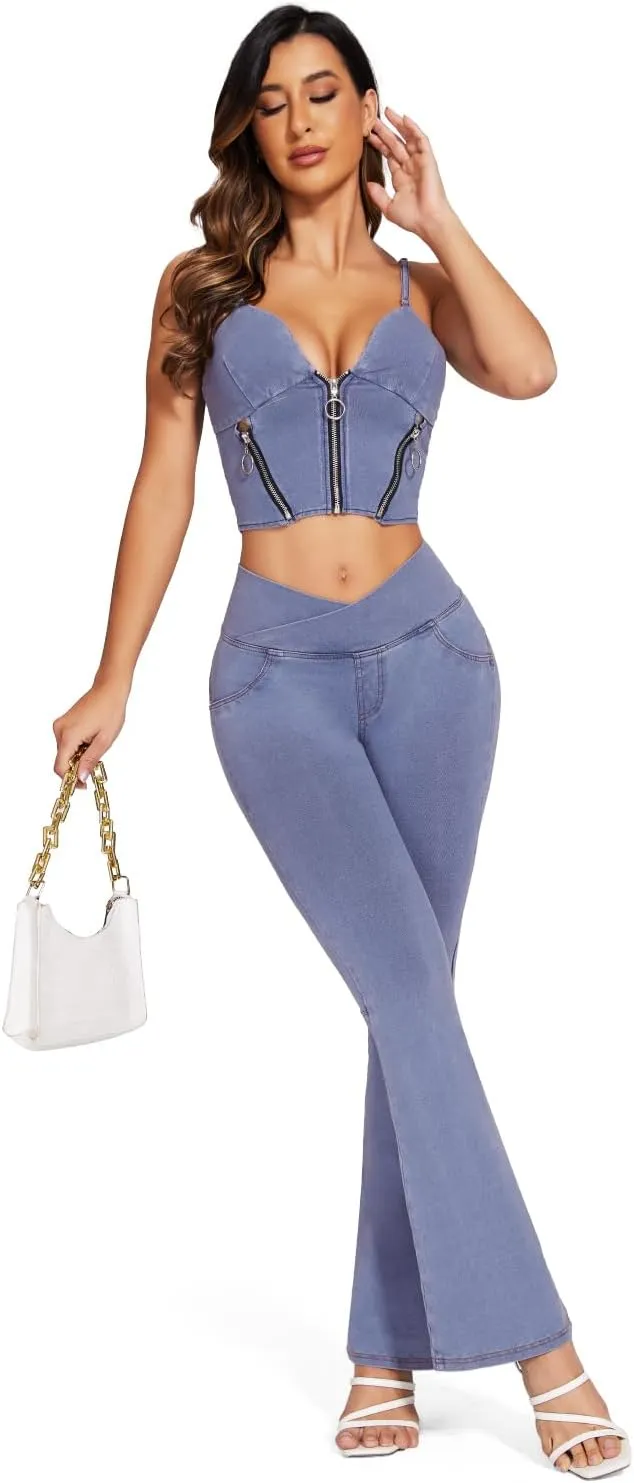 KIWI RATA Flare Jeans for Women, Tummy Control High Waisted Stretchy Pants, Trendy Crossover Bell Bottom Jeans