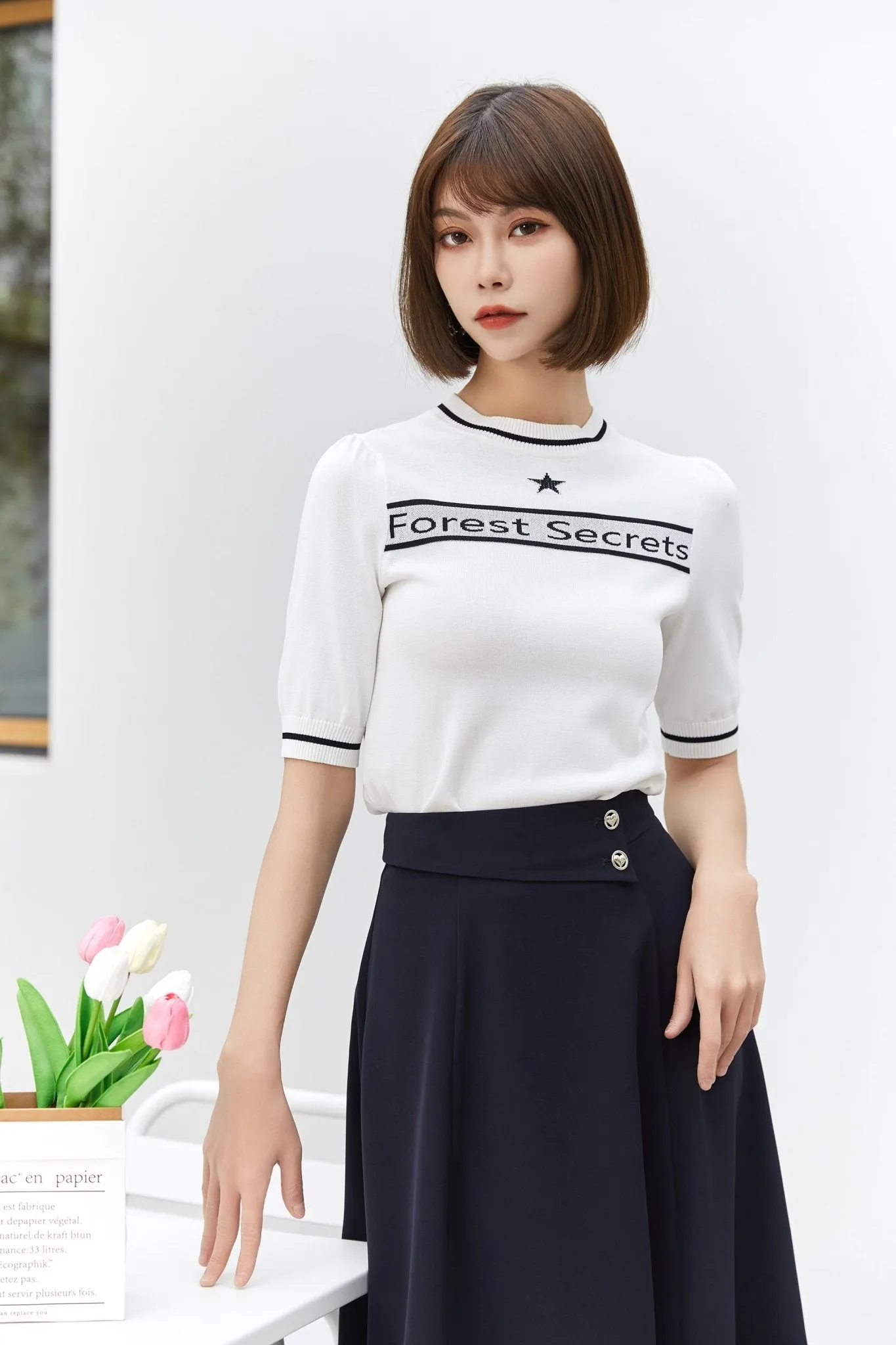 Knit Crewneck Short Sleeve Letter T-shirt