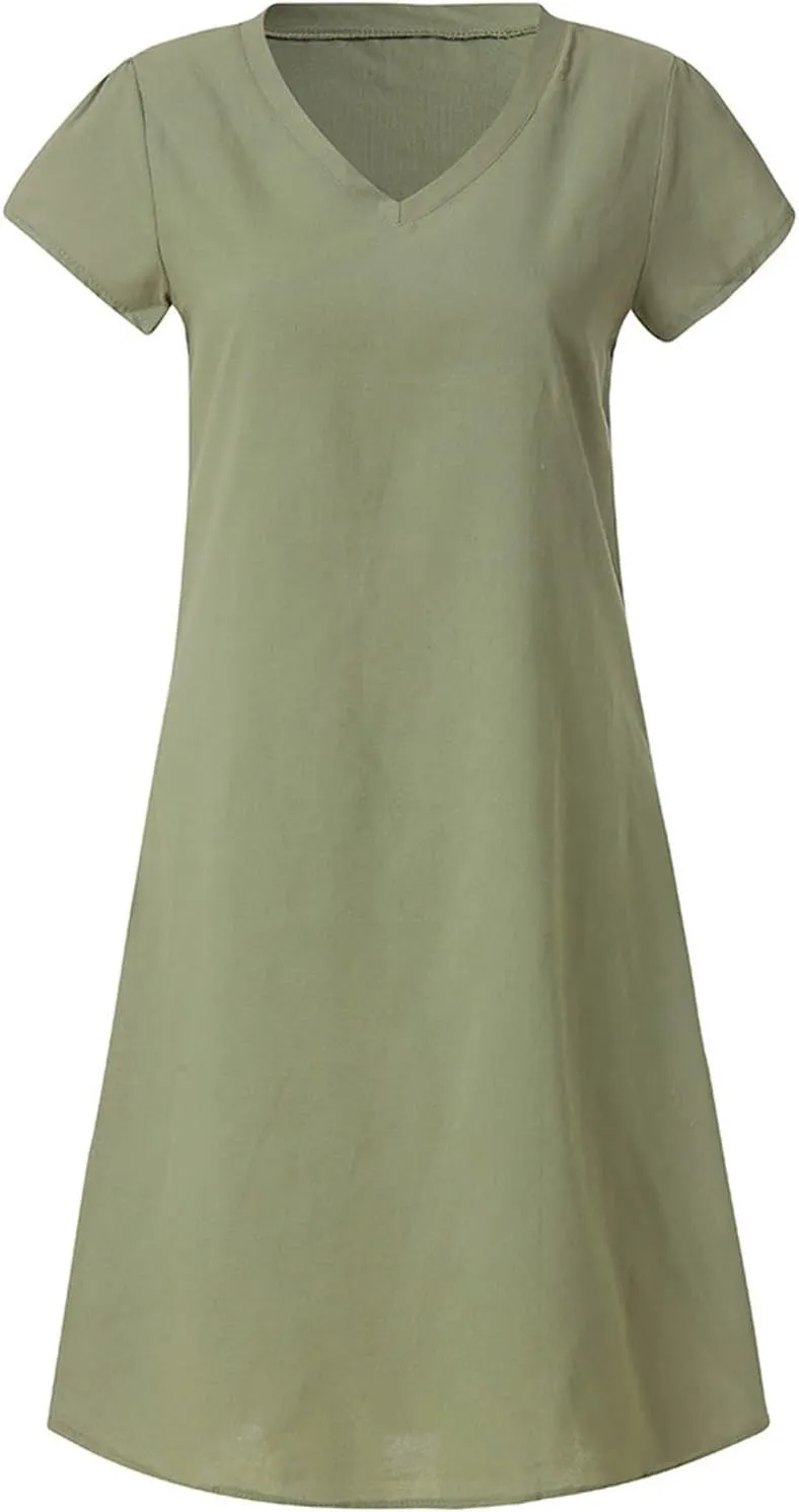 Linen Dresses for Women 2025 Short Sleeve Knee Length Midi Dresses Lightweight Summer Beach Vacation Clothes