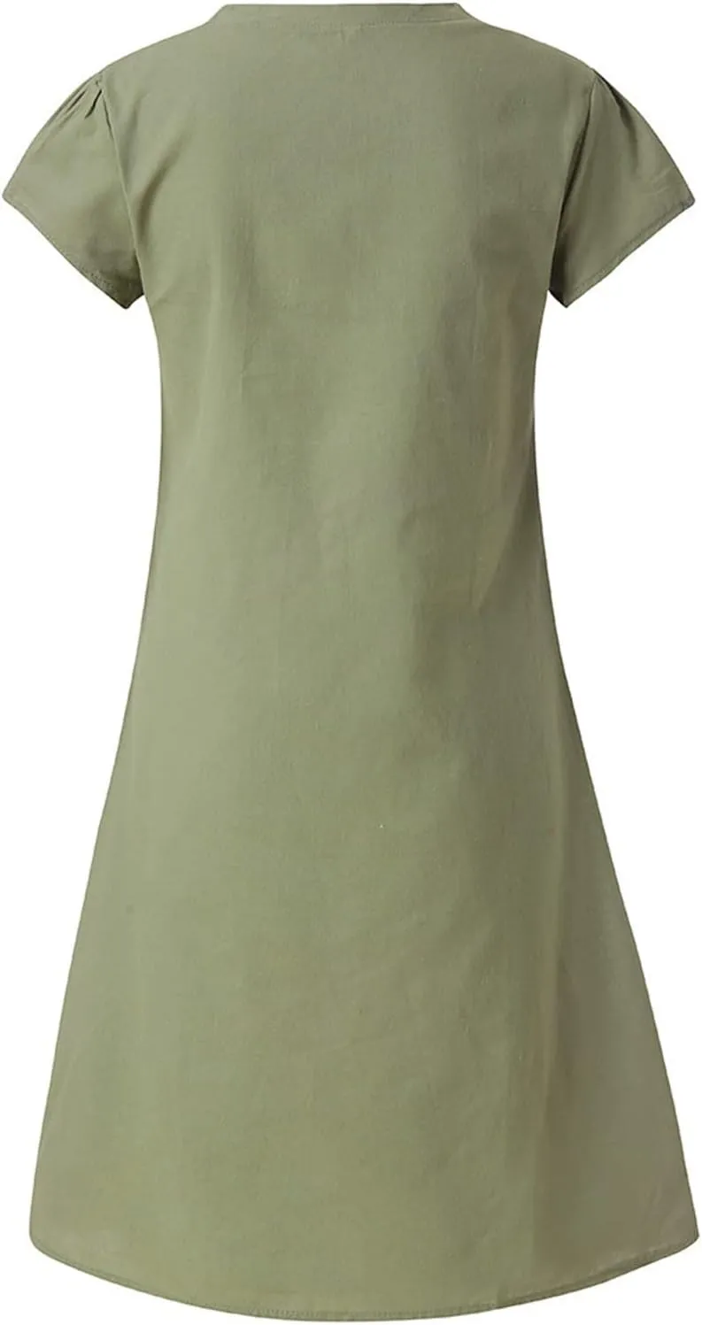 Linen Dresses for Women 2025 Short Sleeve Knee Length Midi Dresses Lightweight Summer Beach Vacation Clothes
