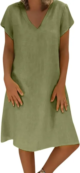 Linen Dresses for Women 2025 Short Sleeve Knee Length Midi Dresses Lightweight Summer Beach Vacation Clothes