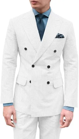 Men's Seersucker Suit 2 Piece Double Breasted Suits for Men Slim Fit Beach Wedding Striped Summer Casual Suit