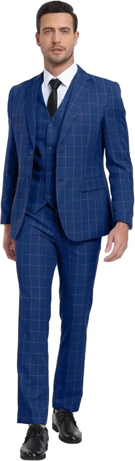 Men's Suit Set,3 Pieces Plaid Suit for Men Slim Fit Formal Bussiness Wedding Suit Prom Tuxedos Suit Blazer Vest Pant