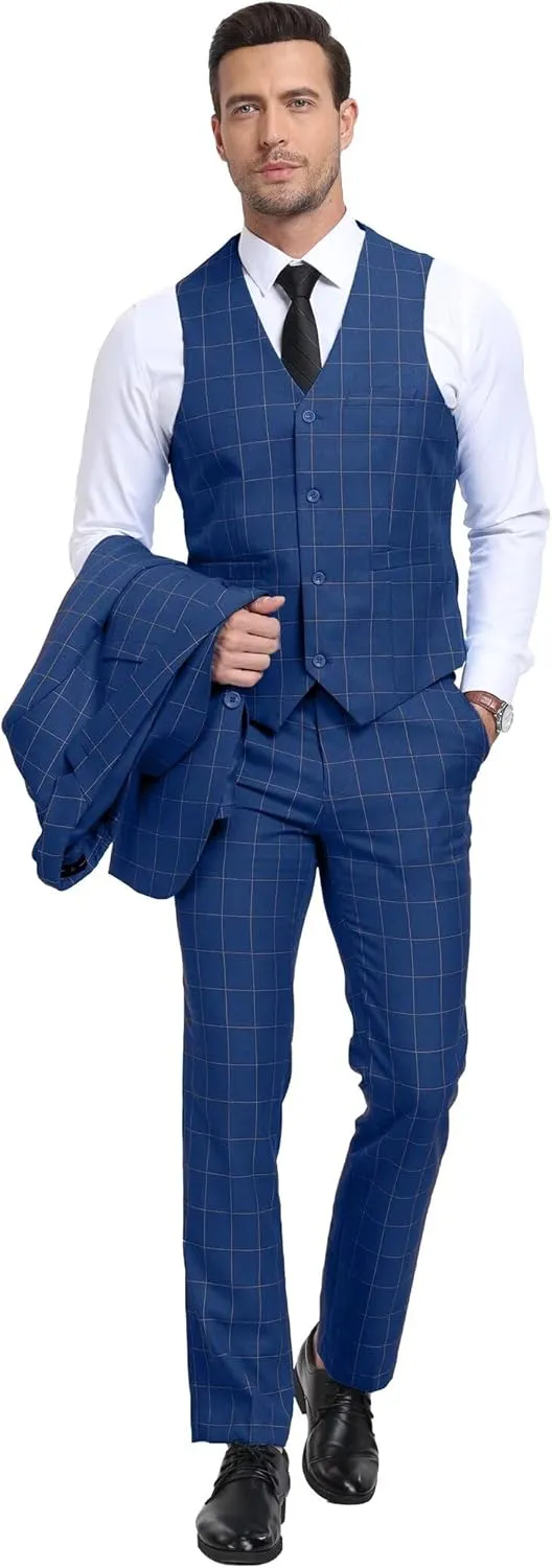 Men's Suit Set,3 Pieces Plaid Suit for Men Slim Fit Formal Bussiness Wedding Suit Prom Tuxedos Suit Blazer Vest Pant