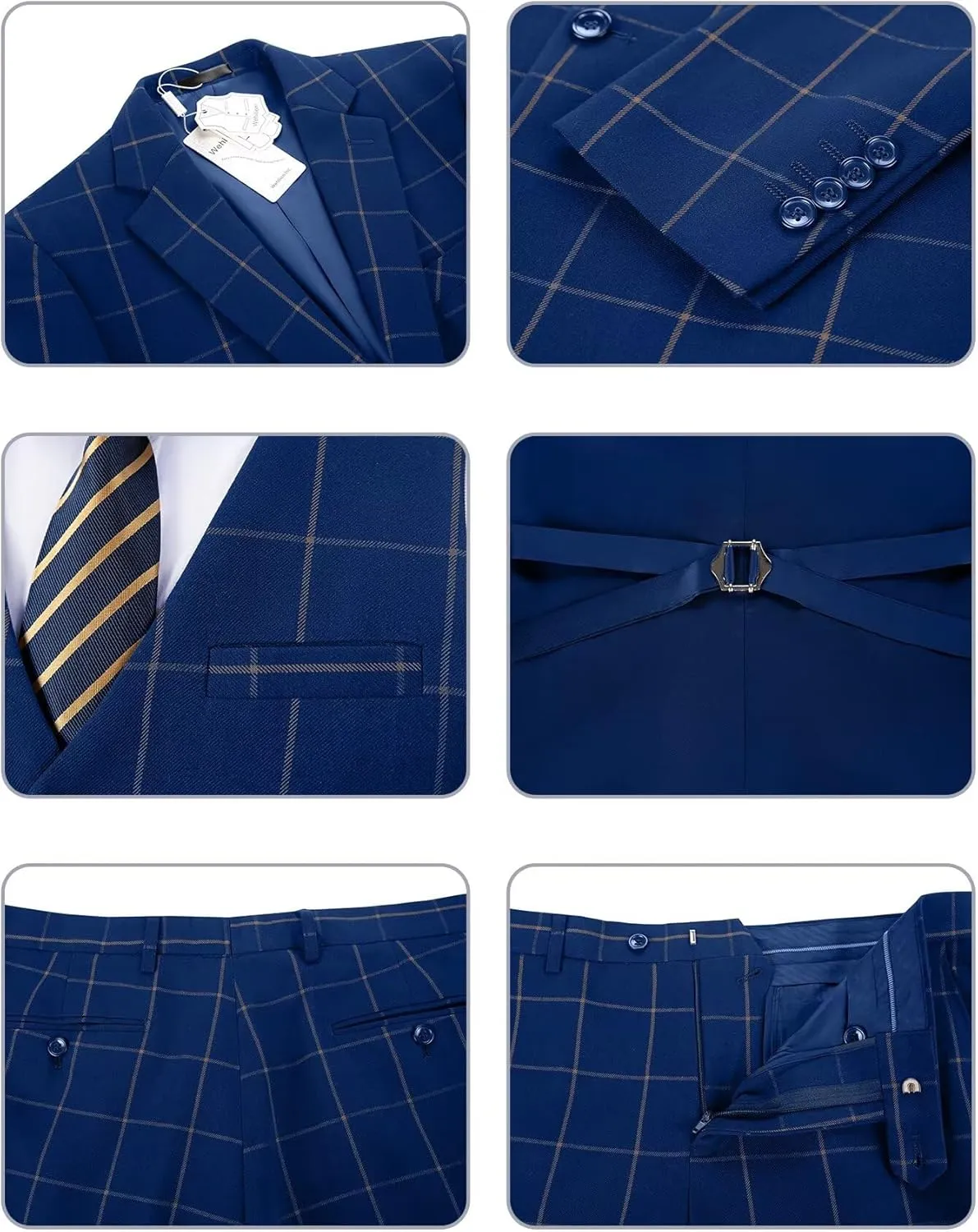 Men's Suit Set,3 Pieces Plaid Suit for Men Slim Fit Formal Bussiness Wedding Suit Prom Tuxedos Suit Blazer Vest Pant