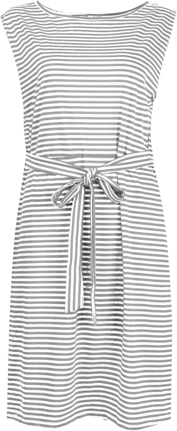 midelxp Womens Sundresses Casual Striped Sleeveless Tie Waist Shirt Dress with Pockets Casual Loose Crewneck Vacation Dresses