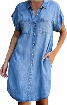 NaRHbrg Summer Denim Shirt Dresses for Womens Short Sleeve Loose Jean Midi Dress Button Down Casual Shift Dress Tunic Top