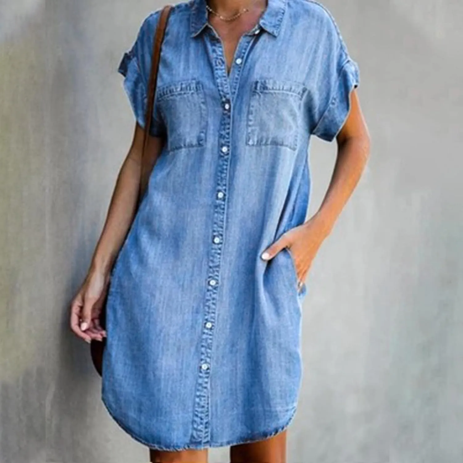 NaRHbrg Summer Denim Shirt Dresses for Womens Short Sleeve Loose Jean Midi Dress Button Down Casual Shift Dress Tunic Top