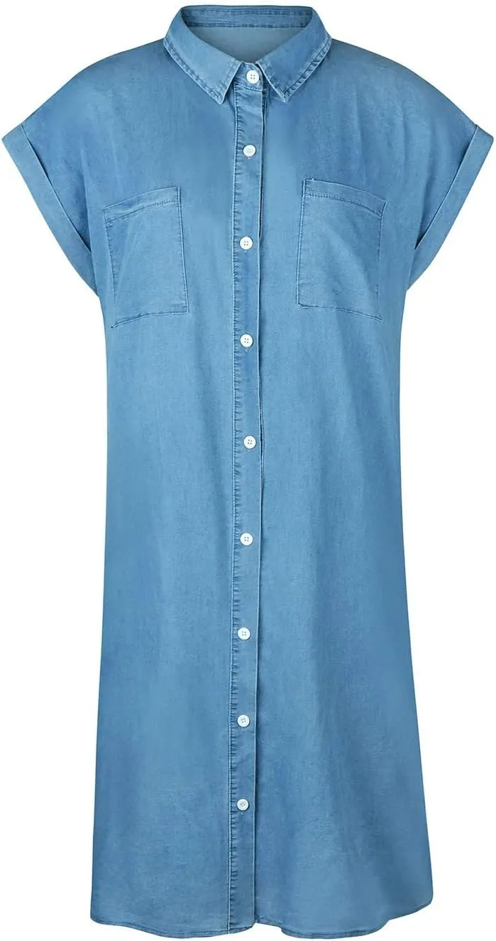 NaRHbrg Summer Denim Shirt Dresses for Womens Short Sleeve Loose Jean Midi Dress Button Down Casual Shift Dress Tunic Top