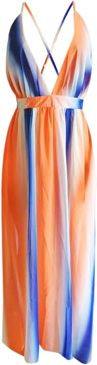 Rainbow Summer Dresses for Women Cami Spagehtti Strap Chiffon Sundress Sexy V Neck Backless Swing Maxi Dress