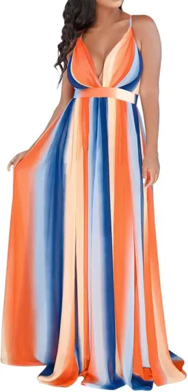 Rainbow Summer Dresses for Women Cami Spagehtti Strap Chiffon Sundress Sexy V Neck Backless Swing Maxi Dress