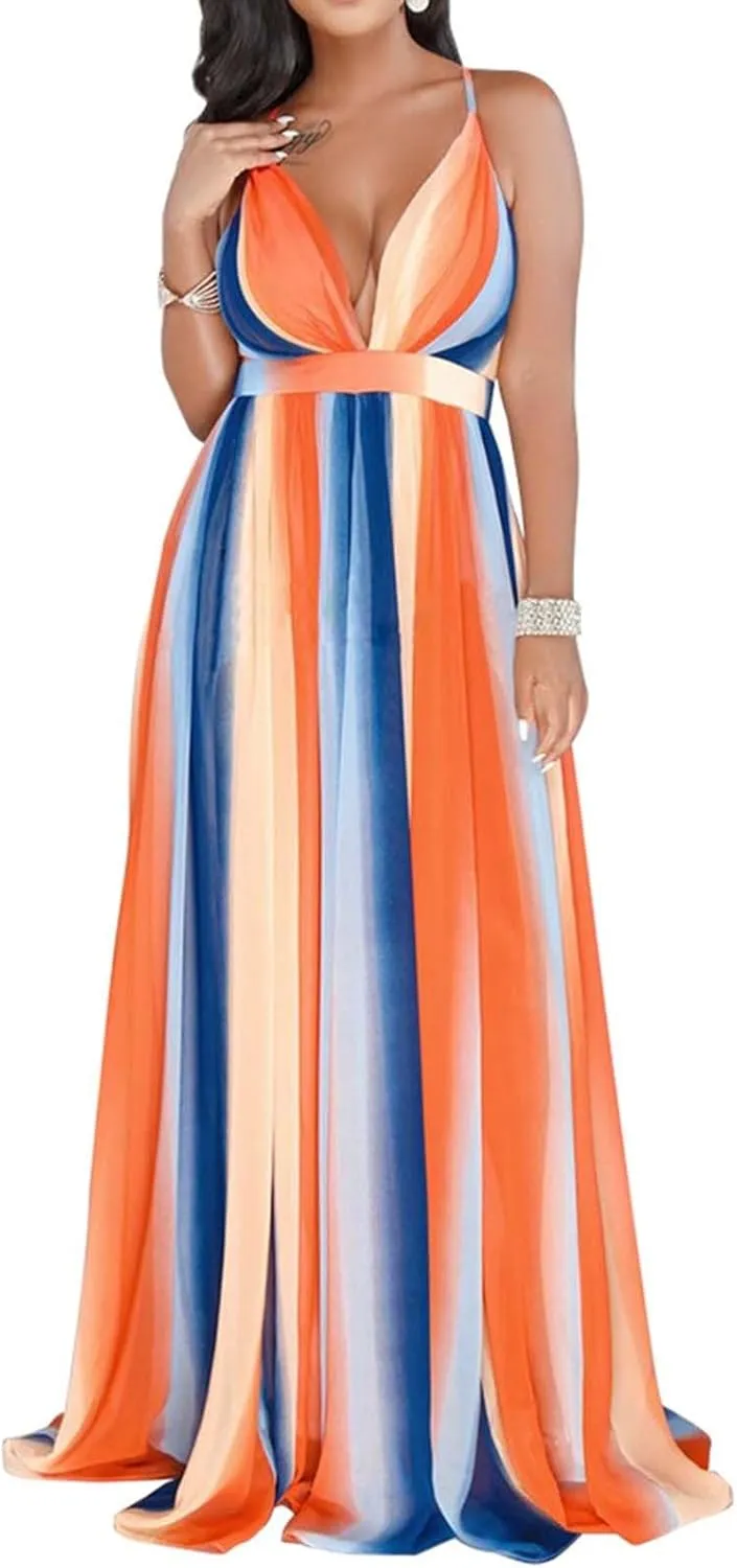 Rainbow Summer Dresses for Women Cami Spagehtti Strap Chiffon Sundress Sexy V Neck Backless Swing Maxi Dress