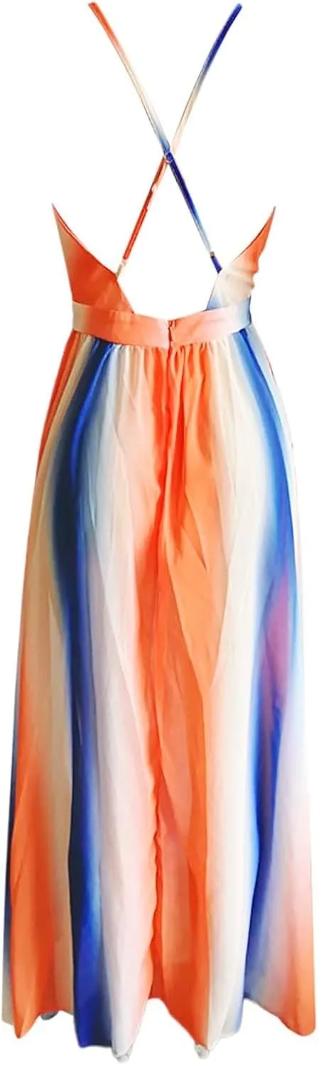 Rainbow Summer Dresses for Women Cami Spagehtti Strap Chiffon Sundress Sexy V Neck Backless Swing Maxi Dress