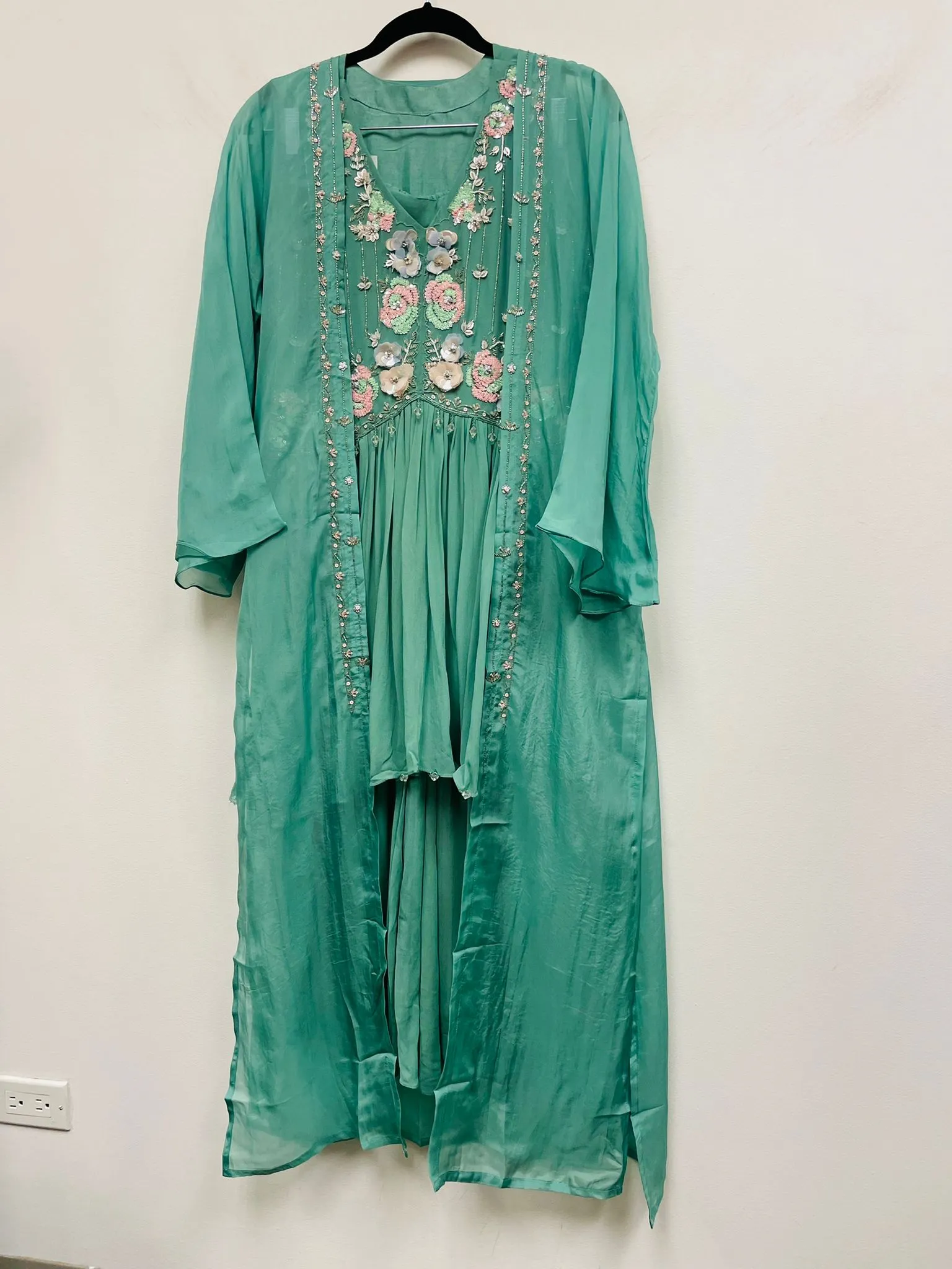 RFSS1035 - Designer Heavy Embroidered Kurta in Sea Green. Comes with Chiffon Sharara and Organza Embroidered Jacket.