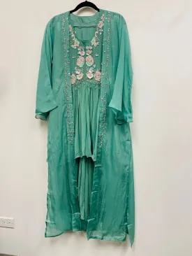 RFSS1035 - Designer Heavy Embroidered Kurta in Sea Green. Comes with Chiffon Sharara and Organza Embroidered Jacket.
