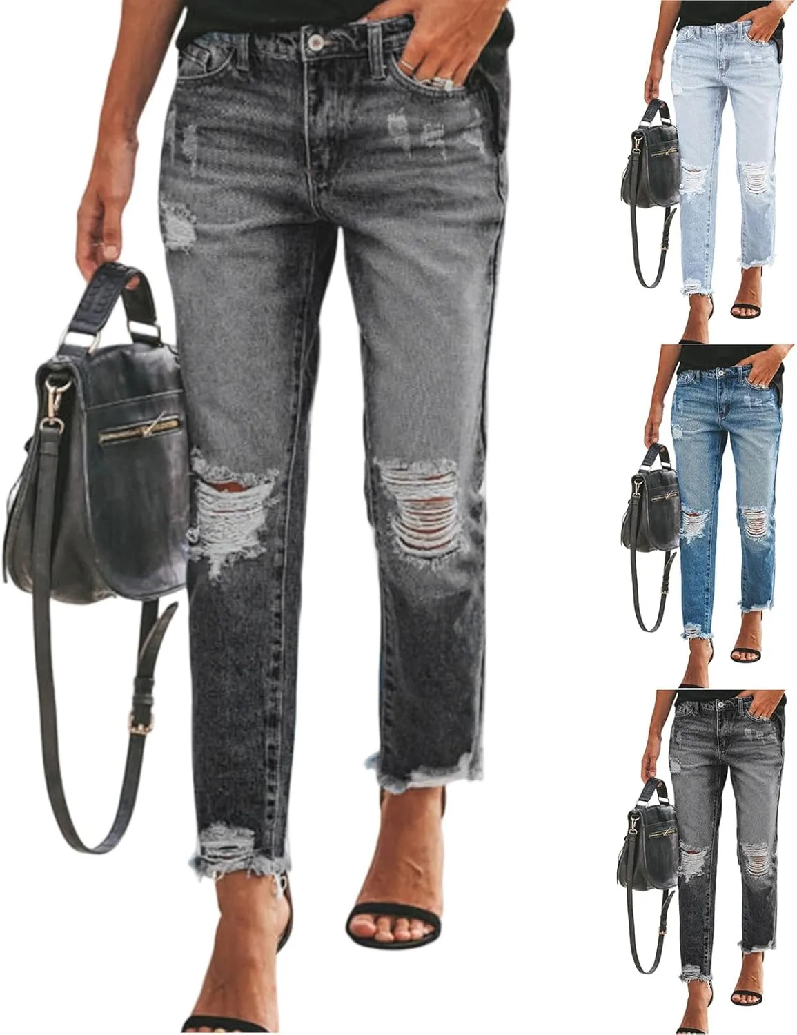 Ripped Straight Leg Jeans for Women Mid Rise Ladies Relaxed Fit Distressed Jeans Ankle Pants with Pocketgs