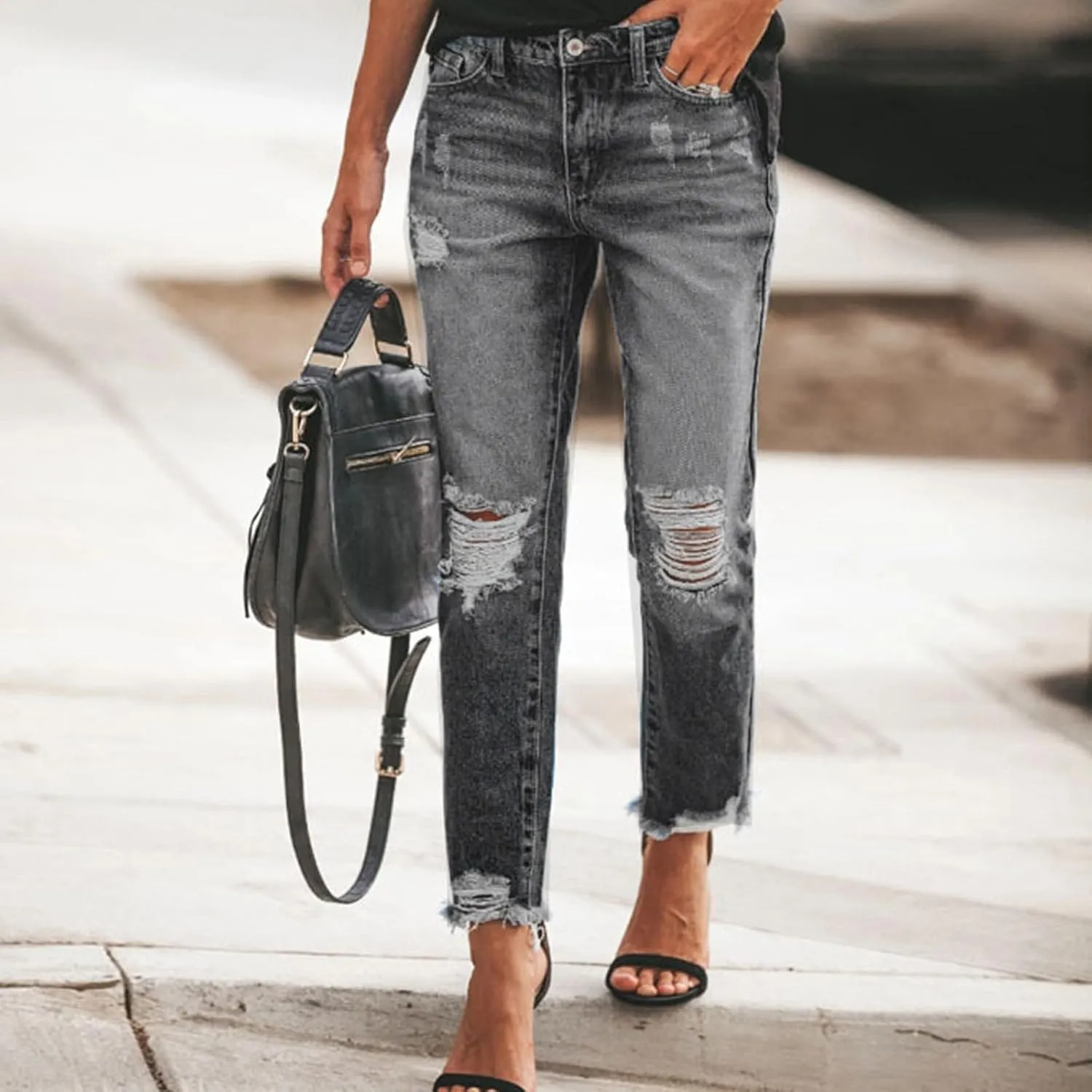Ripped Straight Leg Jeans for Women Mid Rise Ladies Relaxed Fit Distressed Jeans Ankle Pants with Pocketgs