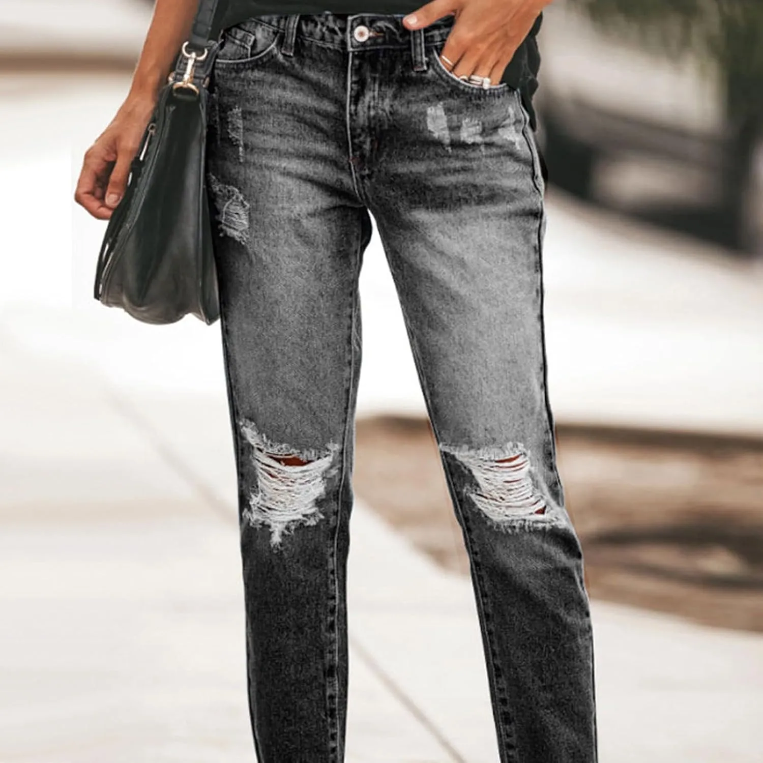 Ripped Straight Leg Jeans for Women Mid Rise Ladies Relaxed Fit Distressed Jeans Ankle Pants with Pocketgs