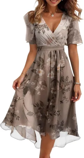 Spring Summer Chiffon Midi Dresses for Women 2025 Elegant Classy Wedding Guest Floral Formal Cocktail Prom Dress