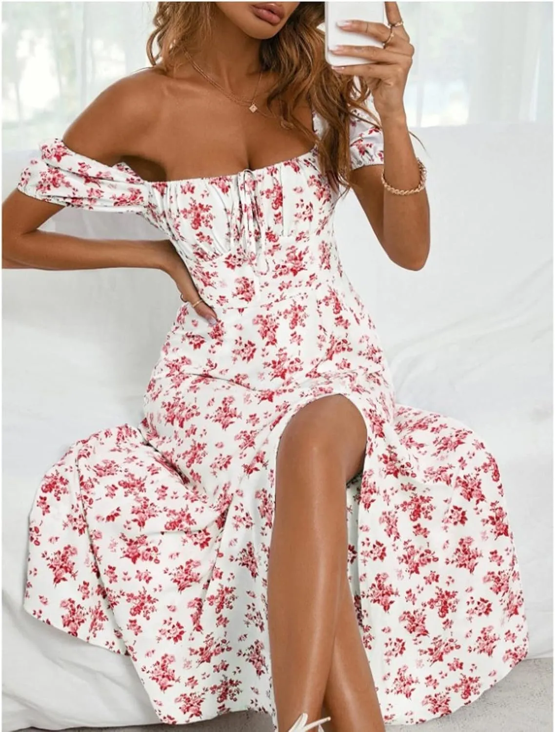 Summer Dresses for Women 2025 Puff Sleeve Square Neck Tie Front Milkmaid Dress Corset Slit Tight Midi Floral Sundress
