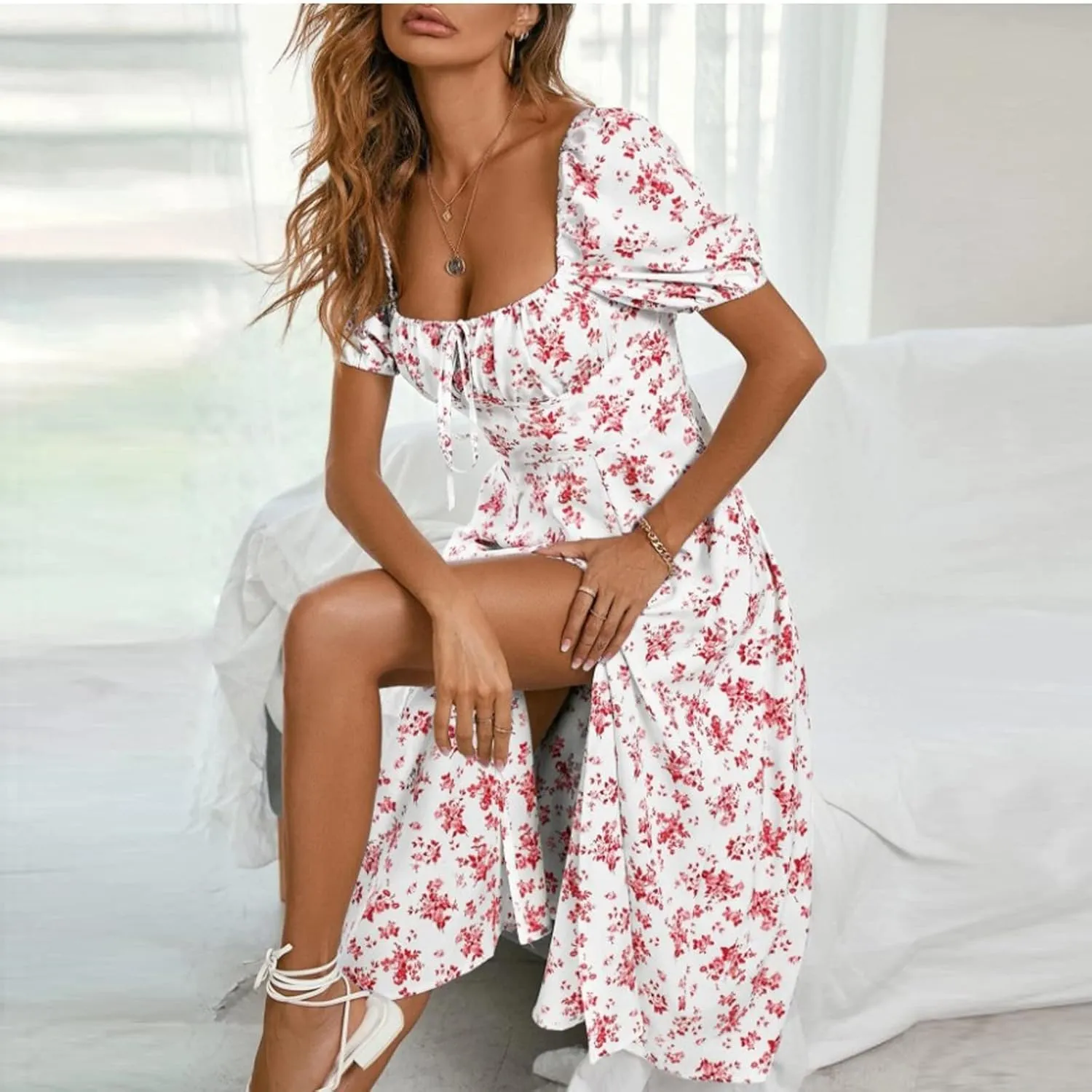 Summer Dresses for Women 2025 Puff Sleeve Square Neck Tie Front Milkmaid Dress Corset Slit Tight Midi Floral Sundress