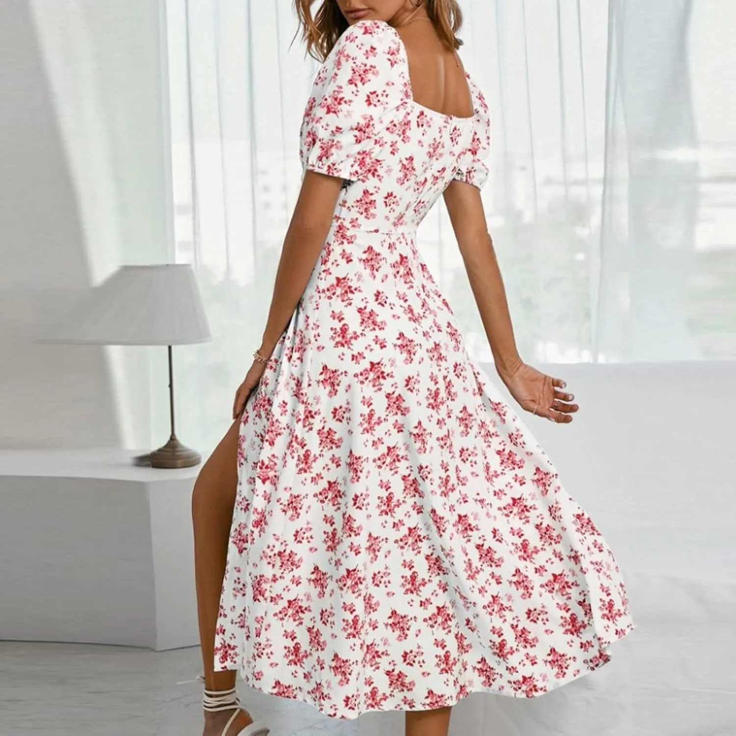 Summer Dresses for Women 2025 Puff Sleeve Square Neck Tie Front Milkmaid Dress Corset Slit Tight Midi Floral Sundress
