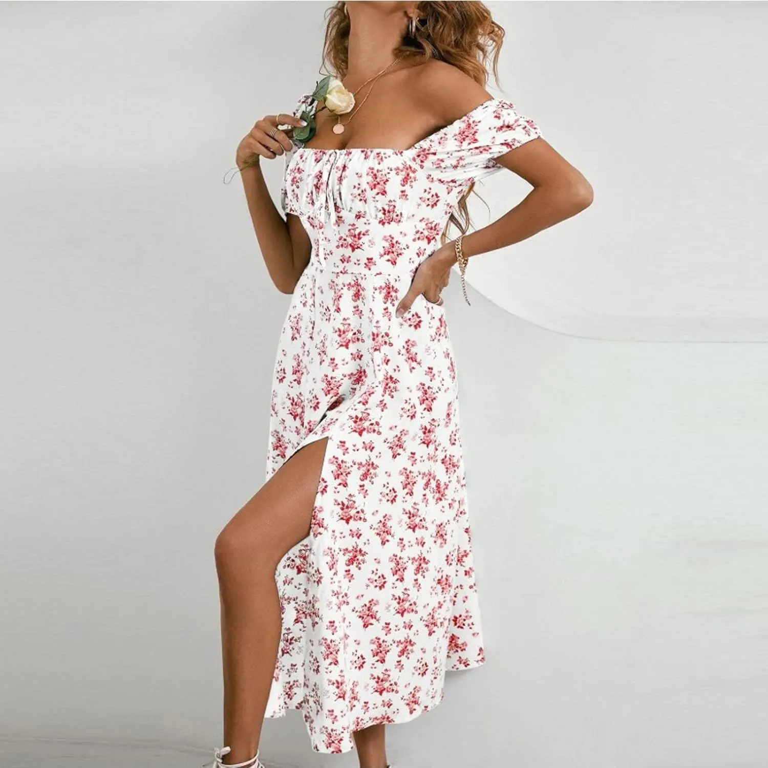 Summer Dresses for Women 2025 Puff Sleeve Square Neck Tie Front Milkmaid Dress Corset Slit Tight Midi Floral Sundress