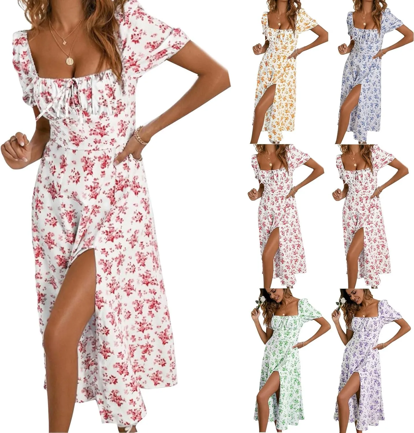 Summer Dresses for Women 2025 Puff Sleeve Square Neck Tie Front Milkmaid Dress Corset Slit Tight Midi Floral Sundress