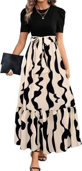 Summer Dresses for Women Elegant Boho Tie Belted Patchwork Empire Waist Short Sleeve Modest Flowy Maxi Long Dress